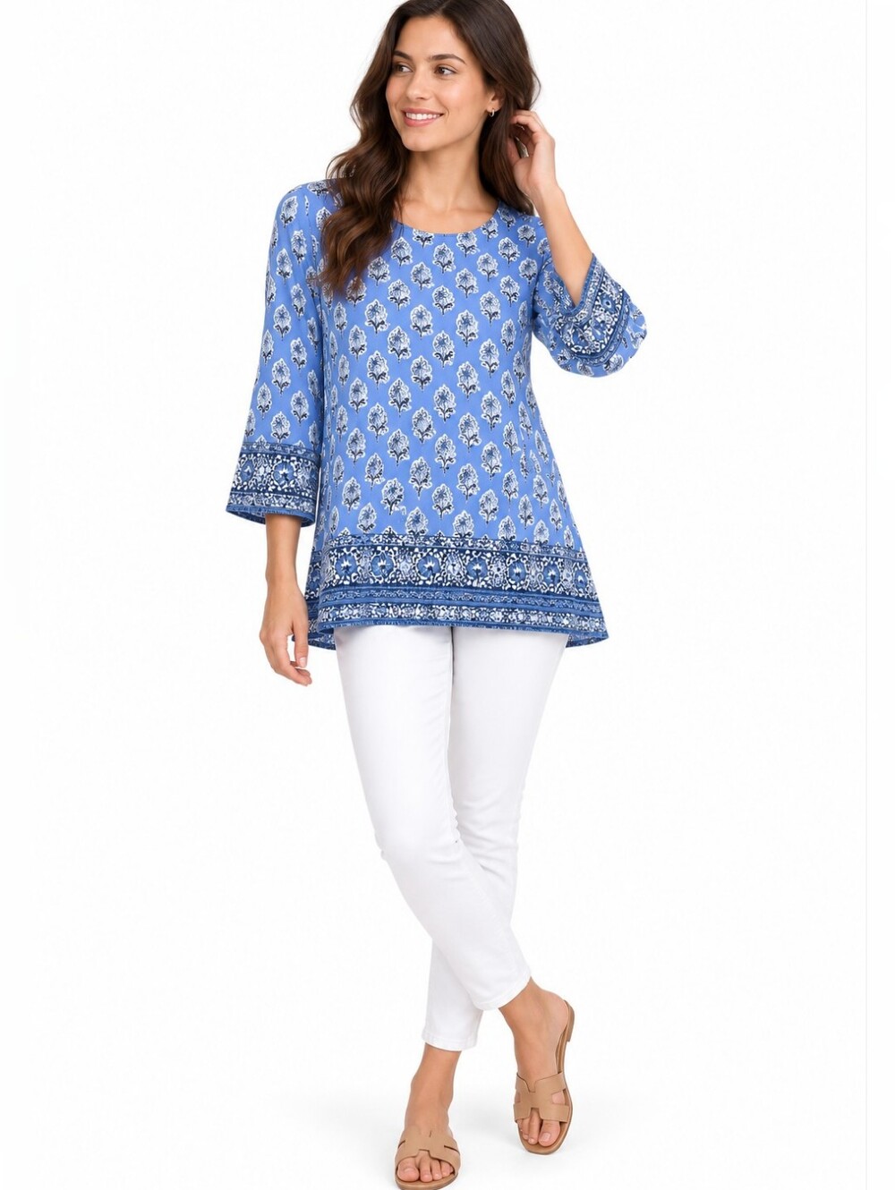 J.Jill Wearever Collection Blue Floral Border Print Tunic Relaxed Fit Top Size S